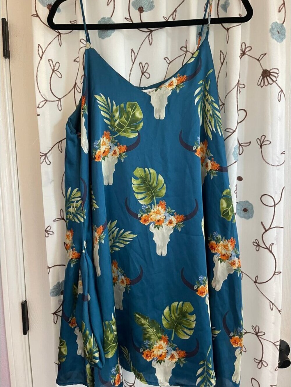 Berry N Cream | Sz L | Teal Floral and Skull Print Boho Mini Dress - Picture 2 of 7